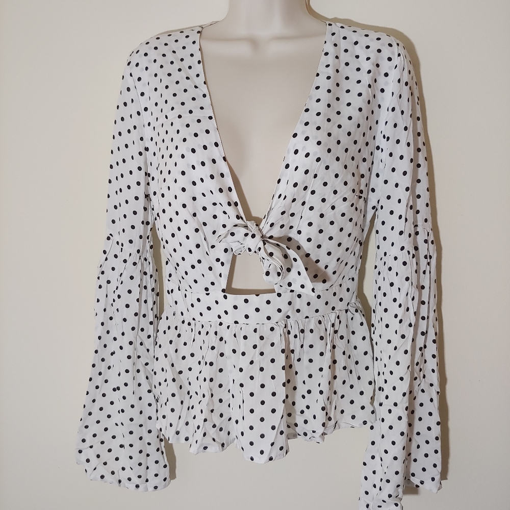 Showpo Blouse Polka Dot Deep V-Neck with Tie Sz 4